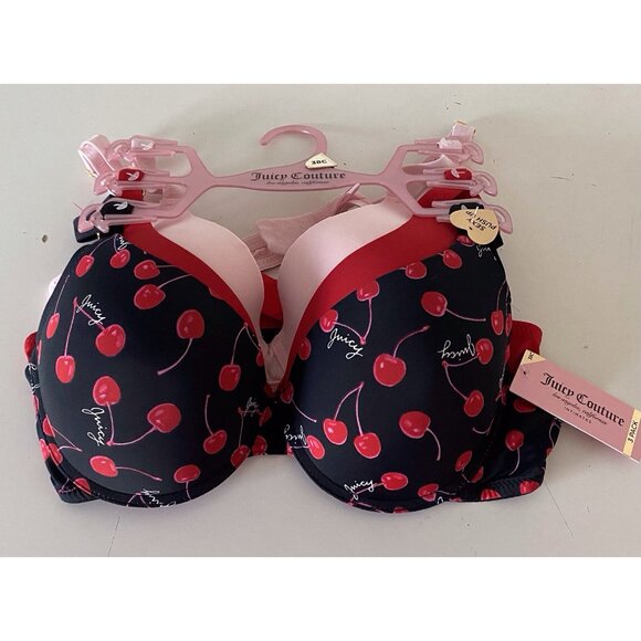 3 Pack Juicy Couture Sexy Push Up Bra Size 38C Cherries Cherry Red Black Pink - Picture 1 of 10